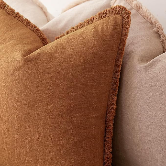 Foindtower Set of 2 Decorative Linen Fringe Throw Pillow Covers Cozy Boho Farmhouse Cushion Cover with Tassels Soft Accent Pillowcase for Couch Sofa Bed Living Room Home Decor, 24×24 Inch, Orange