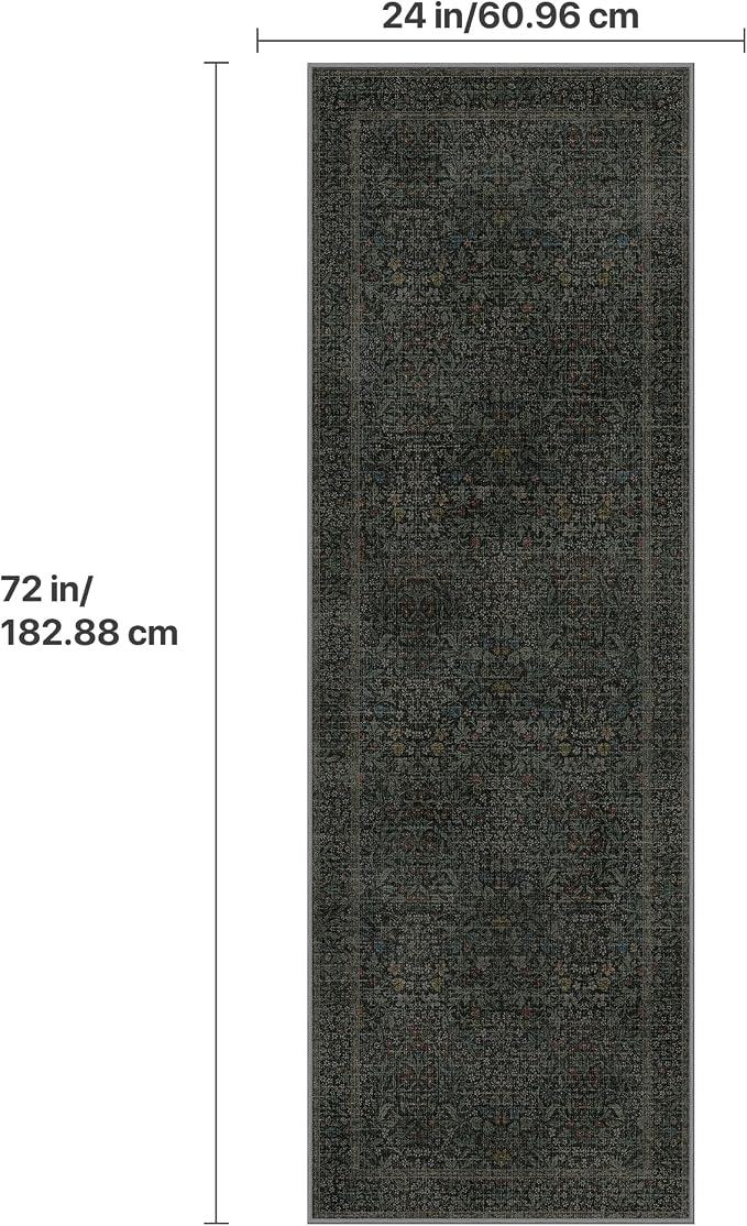 GENIMO 2x6 Washable Runner Rug, Non Slip Hallway Mat, Charcoal Green | Vintage Boho Floral Low Pile Thin Mat for Entryway, Kitchen, Bedroom, Indoor Decor