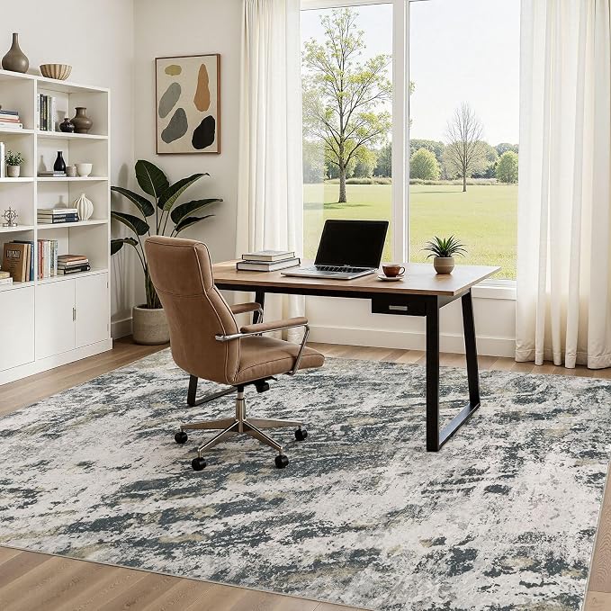 DMOYEST Area Rug Living Room Rugs - 5x7 Large Soft Indoor Neutral Modern Abstract Low Pile Washable Rug Carpet for Bedroom Dining Room Farmhouse Home Office-Black Gold/Grey