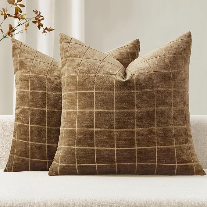 MIULEE Toffee Plaid Decorative Fall Throw Pillow Covers 22x22 Set of 2 | Vintage Check Chenille Couch Pillows Boho Farmhouse Cushion Covers Modern Fall Home Decor for Sofa Bed Living Room