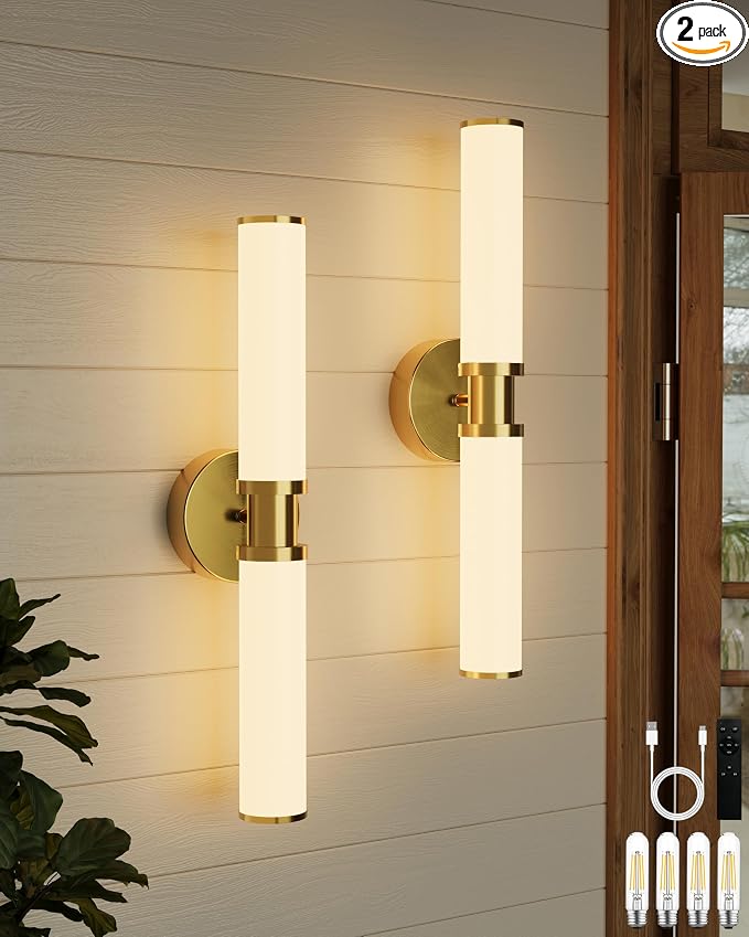 Rayogale Gold Wireless Battery Operated Wall Sconces with Remote Control | White Glass Rechargeable Wall Lights Set of 2 with Timer Function Dimmable for Living Room Bedroom Emergency 3000K, 20.5 Inch