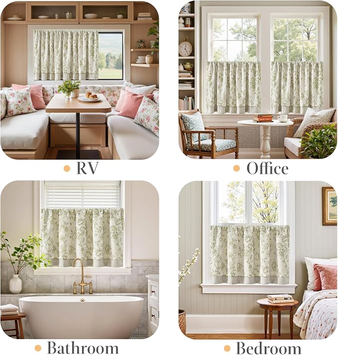 jinchan Linen Kitchen Curtain 36 Inch French Floral Double Layer Curtain Farmhouse Vintage Tier Drape Rustic Half Window Curtain for Living Room Window Treatment Rod Pocket 1 Panel Green on Beige