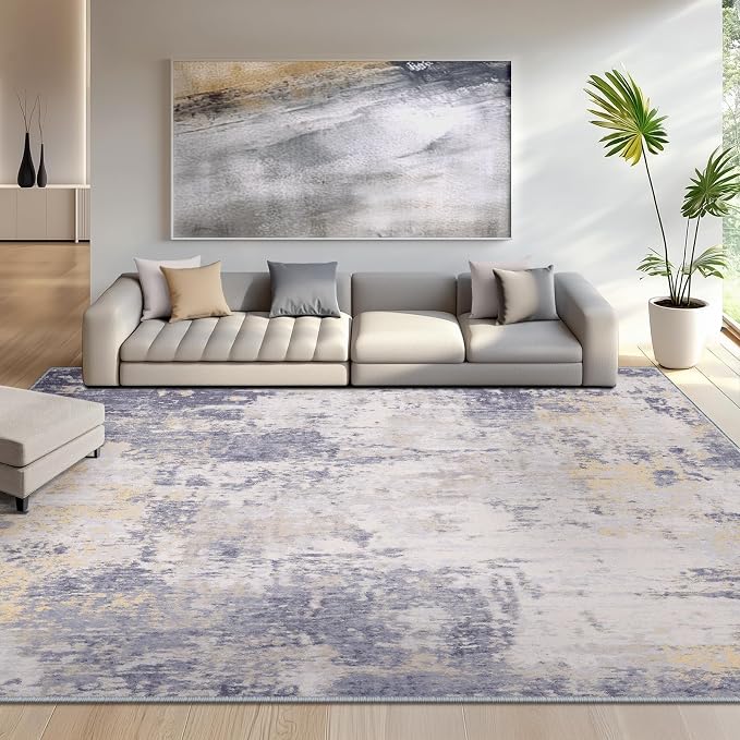 RELEANY Washable Area Rugs 7'x9' Non-Slip Modern Abstract Soft for Living Room Entryway Bedroom Kitchen, Print Pattern, Purple Grey Cream Yellow