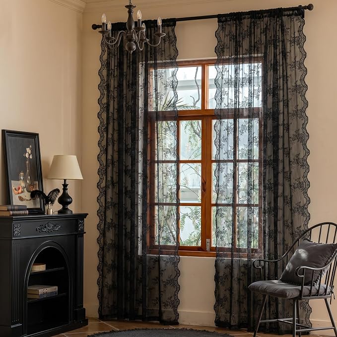 MEETSKY Black Lace Curtains 96 Inches Long 2 Panels Set, Black Sheer Gothic Curtains Vintage Floral Light Filtering Curtain for Living Room Bedroom, Each Panel 50" W x 96" L #2 Black