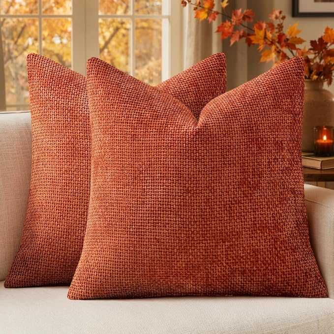 MIULEE Pack of 2 Fall Burnt Orange Decorative Pillow Covers 18x18 Inch Soft Chenille Couch Throw Pillows Farmhouse Cushion Covers for Home Decor Sofa Bedroom Living Room