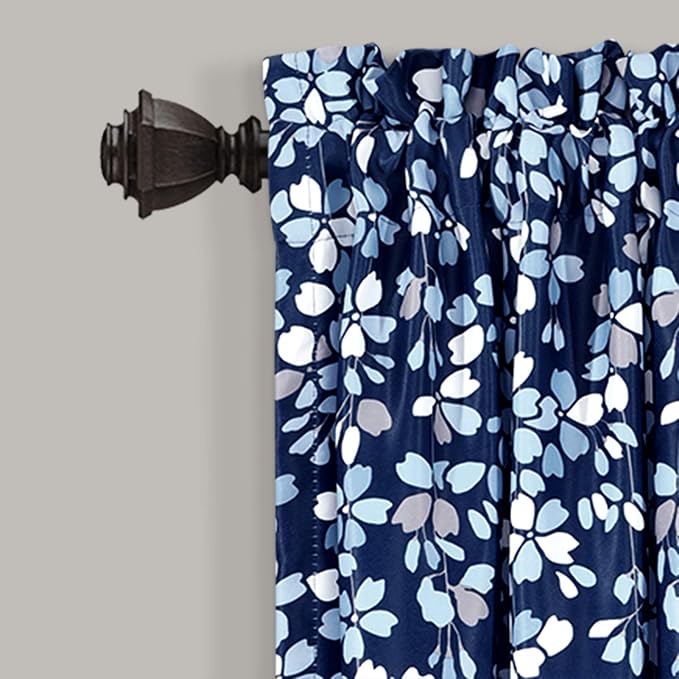 Lush Decor Weeping Flower Light Filtering Window Curtain Panels, Pair, 52"W x 63"L + 2" Header, Navy - Charming Modern Floral Curtains for Living Room, Dining Room, & Bedroom