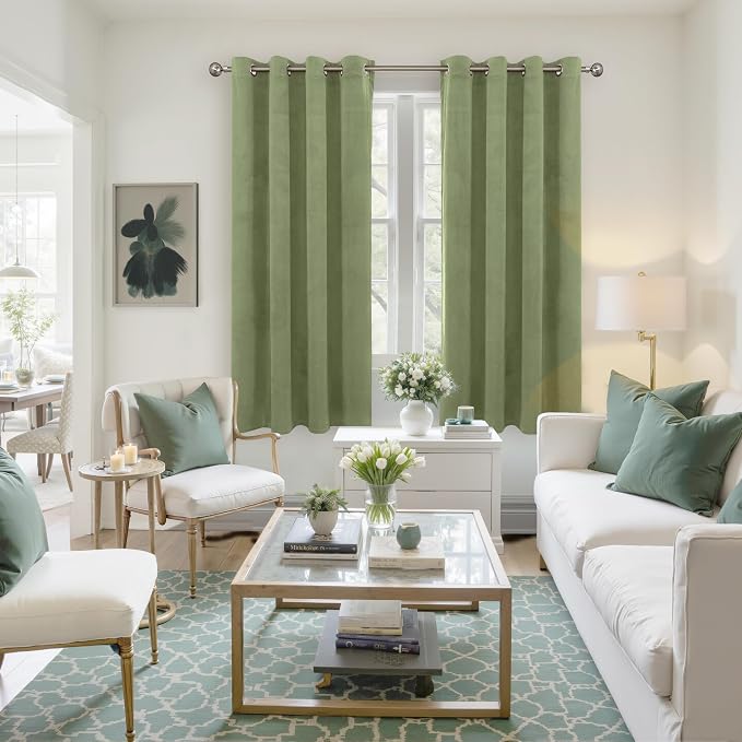 YoungsTex Sage Green Curtains 63 Inch Length for Living Room, Grommet Velvet Room Darkening Drapes Privacy for Bedroom, 2 Panels, 52 X 63 Inch