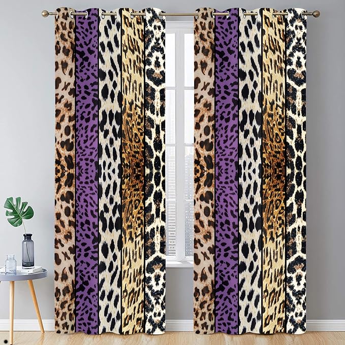 Wild Animal Print Curtain, Room Darkening Thermal Insulated Blackout Leopard Boa Window Drapes with Grommets for Living, Dining, Bedroom, Purple Leopard Print, 52"x 84", 2 Panels