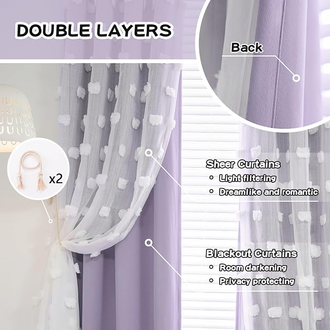 MYSKY HOME Lilac Curtains for Girls Bedroom Nursery Curtain with White Pom Pom Sheer Living Room Window Drapes Back Tab Room Darkening Double Layer 84 Inches Length 2 Panels, Light Purple, W52 X L84