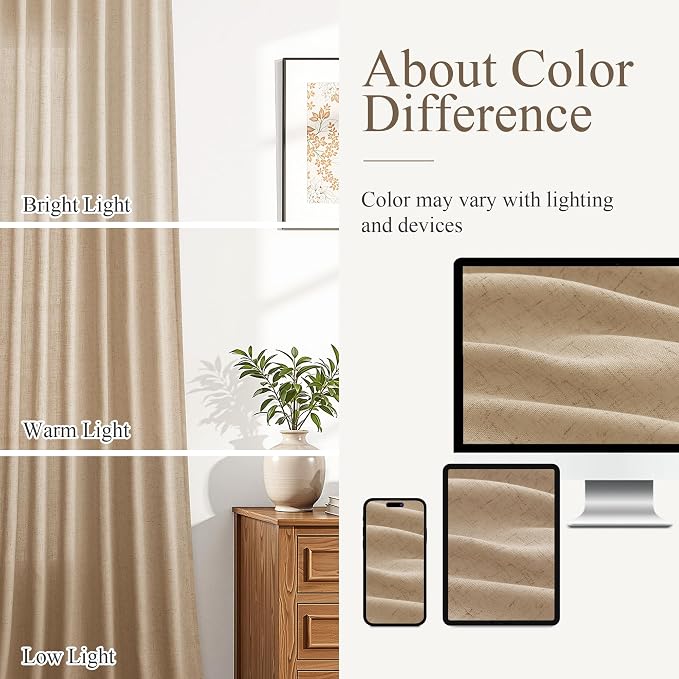 Aersas Sand Beige Linen Curtains 108 Inches Length for Living Room Flax Texture Wave Fabric Semi Sheer with Rod Pocket Back Tab for Bedroom Balcony Light Filtering Neutral Home Decor 52x108