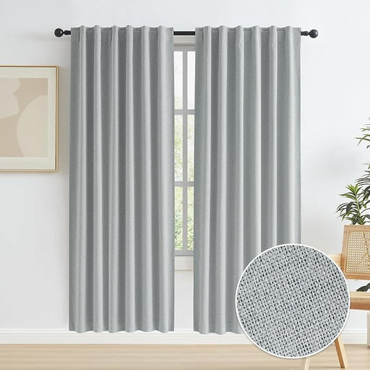 KEQIAOSUOCAI Linen Blackout Curtains 72 Inch Long, Back Tab Rod Pocket Hook Belt, Pair of Energy Smart & Noise Blocking Out Privacy Drapes for French Door, 2 Panels,Light Grey, W50 x L72
