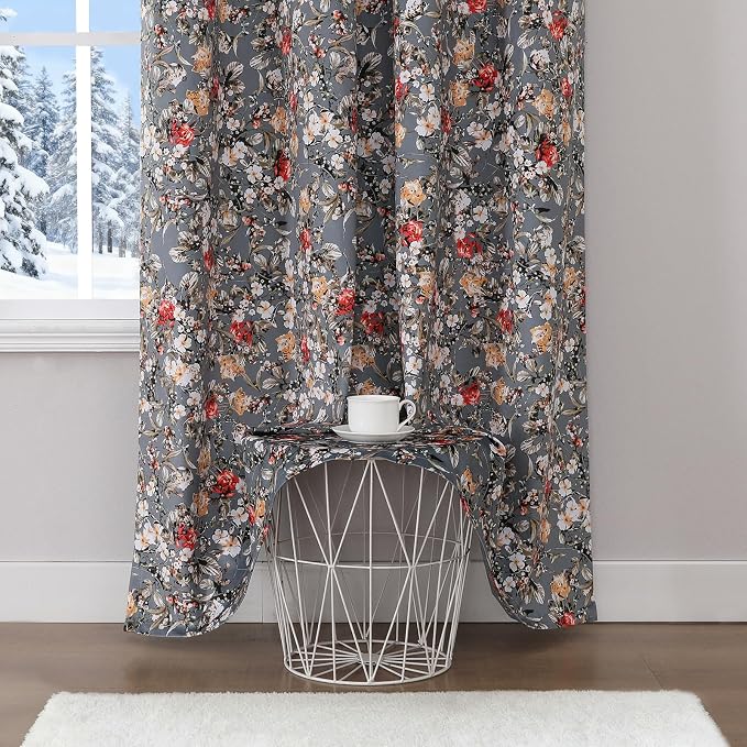 Estelar Textiler Grey Velvet Blackout Curtains 96 inches Long 2 Panels, Vintage Boho Floral Printed Curtains for Living Room, Grommet Thermal Insulated Room Darkening Drapes for Bedroom(Gray, 52Wx96L)