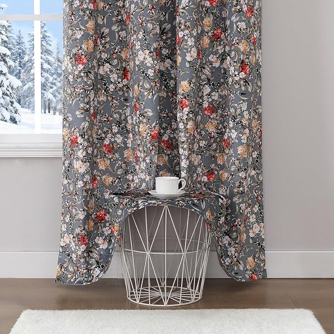 Estelar Textiler Grey Velvet Blackout Curtains for Bedroom 108 Inch Long, Vintage Floral Pattern Curtains for Bedroom, Room Darkening Thermal Insulated Grommet Drapes for Living Room,52Wx108L,2 Panels