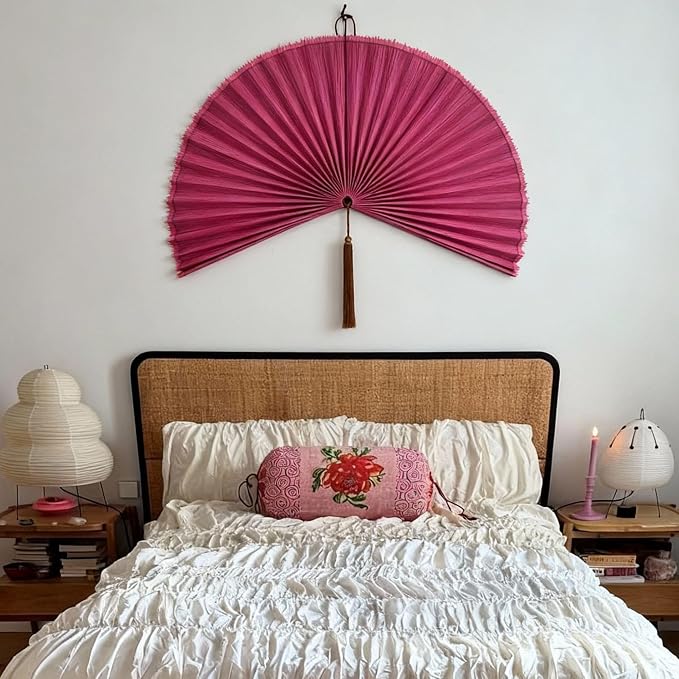 ChumDecor Fan Wall Decor,Large Bamboo Fan Wall Art for Boho Hanging Headboard,Decorative Folding Fan for Over Bed Decorations, (Pink, 48inch)