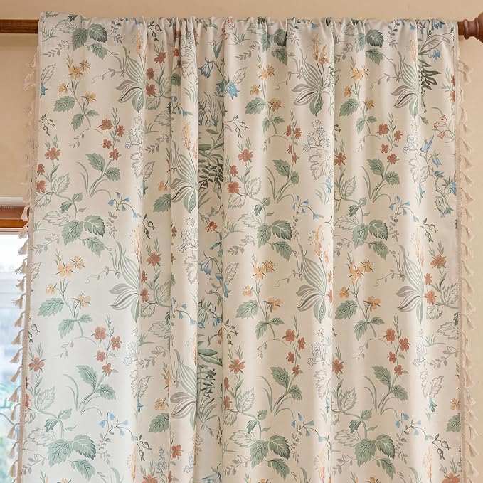 OYX Boho Floral Curtains 63 Inch, Linen Farmhouse Flower Drapes with Lace & Tassels, Light Filtering Semi Sheer Curtains for Living Room Bedroom, 2 Panels