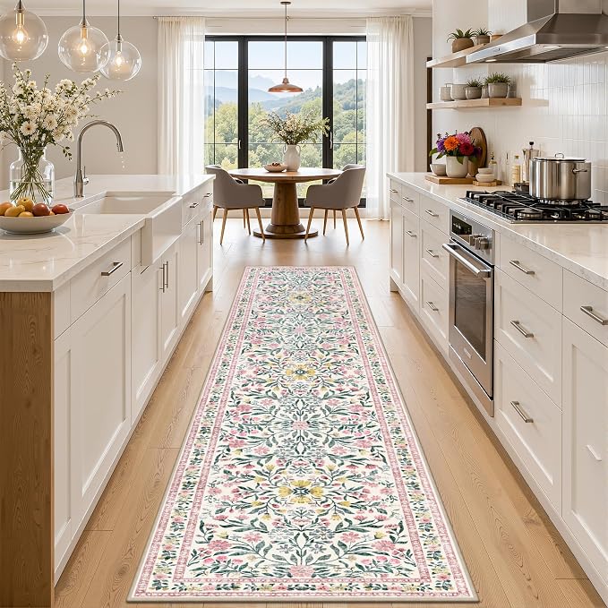 Runner Rug for Entryway: 2.6x10 Kitchen Rugs Non Slip Washable Ultra-Thin Soft Floral Carpet Indoor Floor Stain Resistant Carpets for Hallway Bedroom Kitchen Laundry Bathroom Dorm Pink/Green