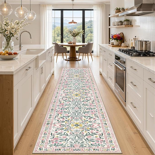 Runner Rug for Entryway: 3x10 Kitchen Rugs Non Slip Washable Ultra-Thin Soft Floral Carpet Indoor Floor Stain Resistant Carpets for Hallway Bedroom Kitchen Laundry Bathroom Dorm Pink/Green