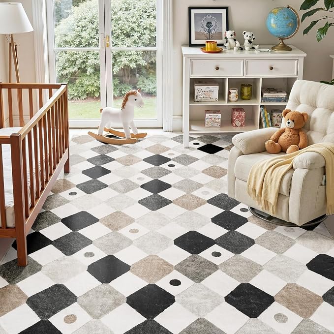 jinchan Macy 6x9 Kids Area Rug for Classroom Black and White Modern Nursery Rug Colorful Checkered Diamond Play Mat Washable Soft Non Slip Carpet for Playroom Bedroom Daycare Marble on Cream