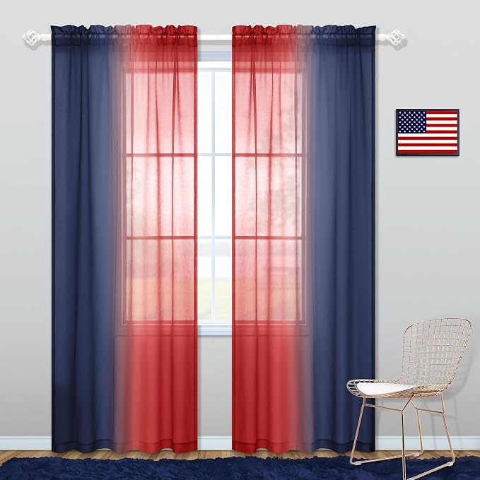 KOUFALL Navy and Red Curtains for Boys Room Decor 2 Panel Sets Rod Pocket Ombre Sheer Patriotic Navy Blue Curtains for Kids Bedroom Decorations Teen Canopy Bed 50 x 84 Inch Length