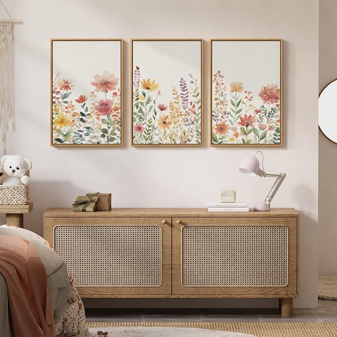 Framed Watercolor Botanical Wall Art for Bedroom, 3 Piece Colorful Floral Canvas Artwork for Walls, Large Farmhouse Wildflower Flower Prints Paintings for Living Room Entryway Wall Decor 16x24 Inch