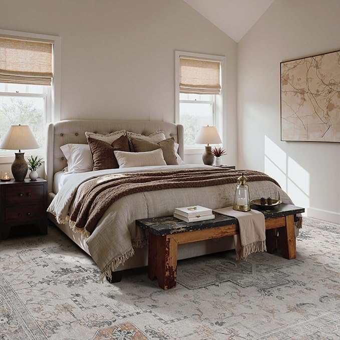 GENIMO 10x12 Area Rugs for Living Room, Non Slip Machine Washable Vintage Rugs, Low Pile Lightweight Print Large Rug for Bedroom, Dining Room, Home Office, Light Taupe Brown