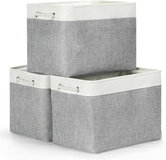 Bidtakay Large Storage Baskets for Organizing 3-Pack Fabric Closet Organizers Storage Bins with Handles 16x11.8x11.8 In Collapsible Baskets for Shelves Cloth Home Organization L-White&Grey