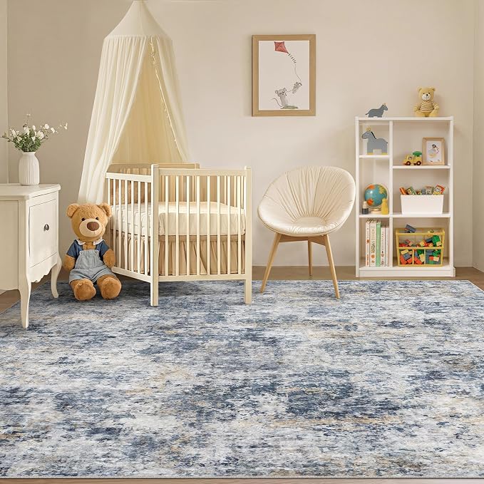 Tortania Washable 10x13 Area Rug for Living Room: Modern Abstract Neutral Large Soft Thin Rugs - Non Slip Indoor Carpet for Bedroom Dining Room Office Nursery Home Floor Decoration - Blue Grey