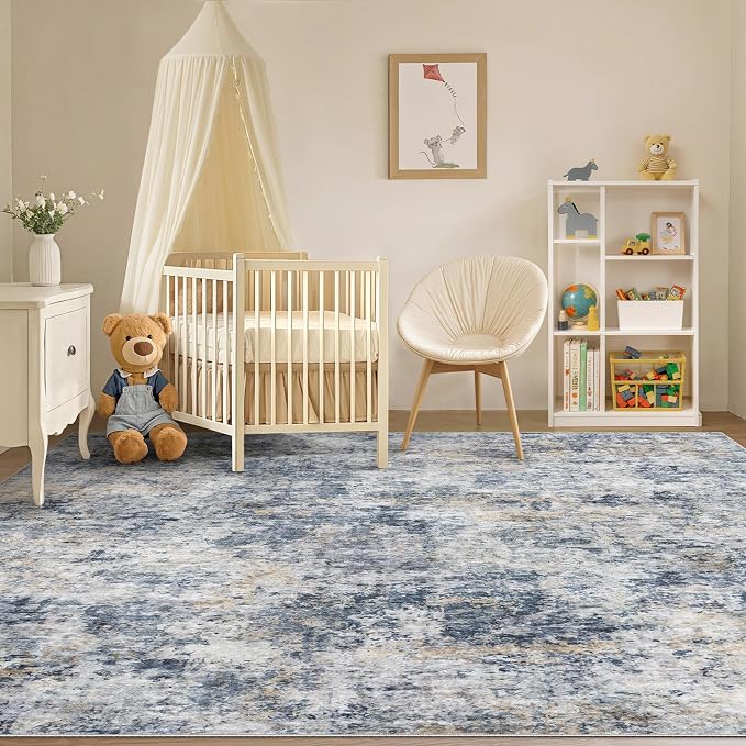 Tortania Washable 7x9 Area Rug for Living Room: Modern Abstract Neutral Large Soft Thin Rugs - Non Slip Indoor Carpet for Bedroom Dining Room Office Nursery Home Floor Decoration - Blue Grey
