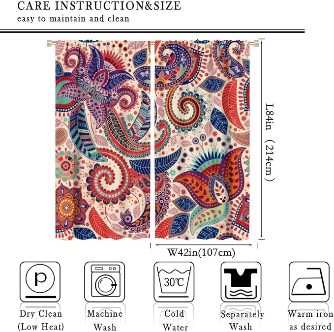 Boho Decorative Curtains Bedroom Living Room Rod Pocket Curtains, Vintage Boho Grill Floral Pattern 2 Panel Set, 84x84 in.