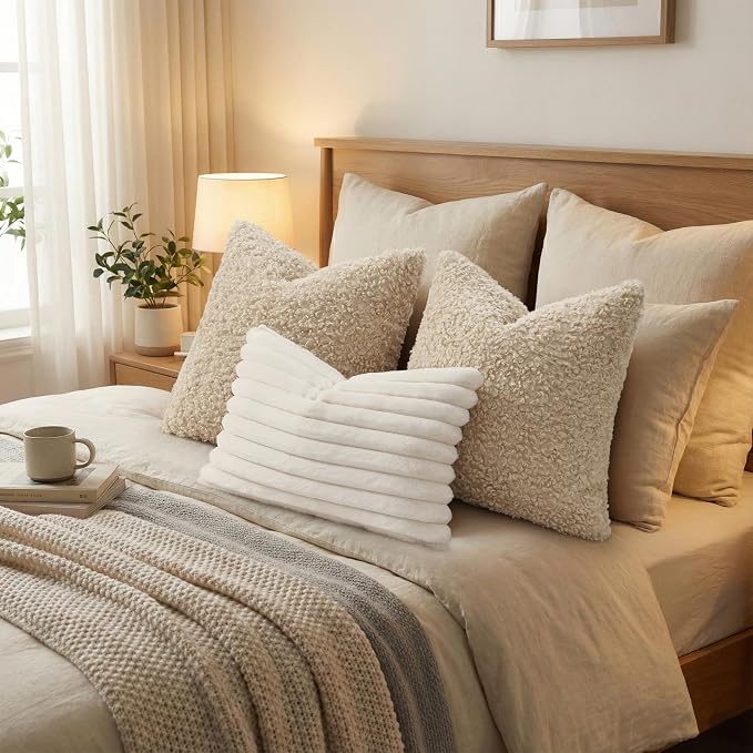 decorUhome Pack of 2 Throw Pillow Covers 26x26 Inch, Faux Fur Decorative Sherpa Pillow Covers Fuzzy Accent Soft Sheepskin Fleece Pillow Cases for Couch Living Room Bed, Neutral Oatmeal
