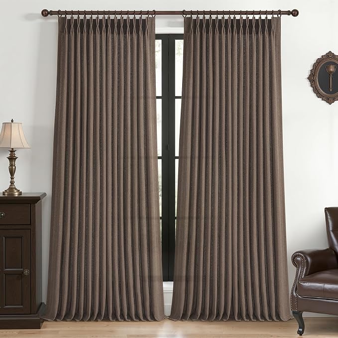 Dark Brown Pleated 90 Inch Bedroom Curtains 2 Panels Set, Memory Shape Pinch Pleat Linen Semi Sheer Light Filtering Privacy Windows Drapes Country Dining Room Curtain 90 Inches Long with Hooks & Rings
