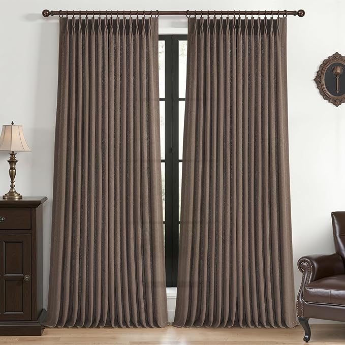 Linen Pleated Dark Brown Curtains 96 Inches Long for Sliding Glass Doors, Memory Trained Semi Sheer Drapes Light Filtering Non See Through Rustic Windows Curtain 2 Panels Set 8FT Length with Back Tab