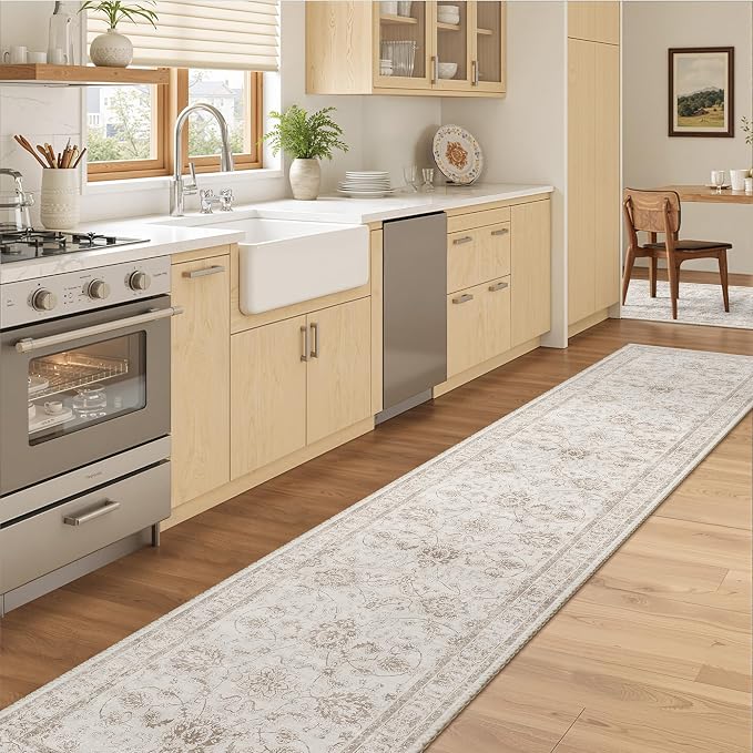 Madane Runner Rug 2x12 for Hallway, Kitchen Non-Slip Runner Rug with Rubber Backing, Vintage Soft Low Pile Throw Neutral Carpet Runner for Laundry Room Entryway Bathroom Bedroom (2 x 12, Brown/Ivory)