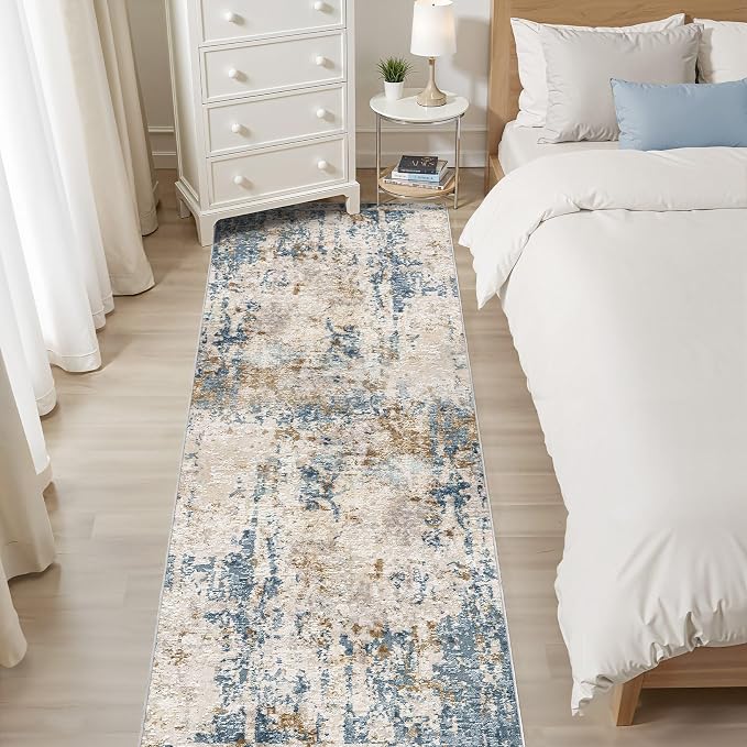 Runner Rug Kitchen Washable Rugs: 3x8 Non-Slip Abstract Soft Modern Stain Resistant Indoor Floor Neutral Accent Throw Carpet for Hallway Bathroom Laundry Room Entryway Bedroom- Blue Tan