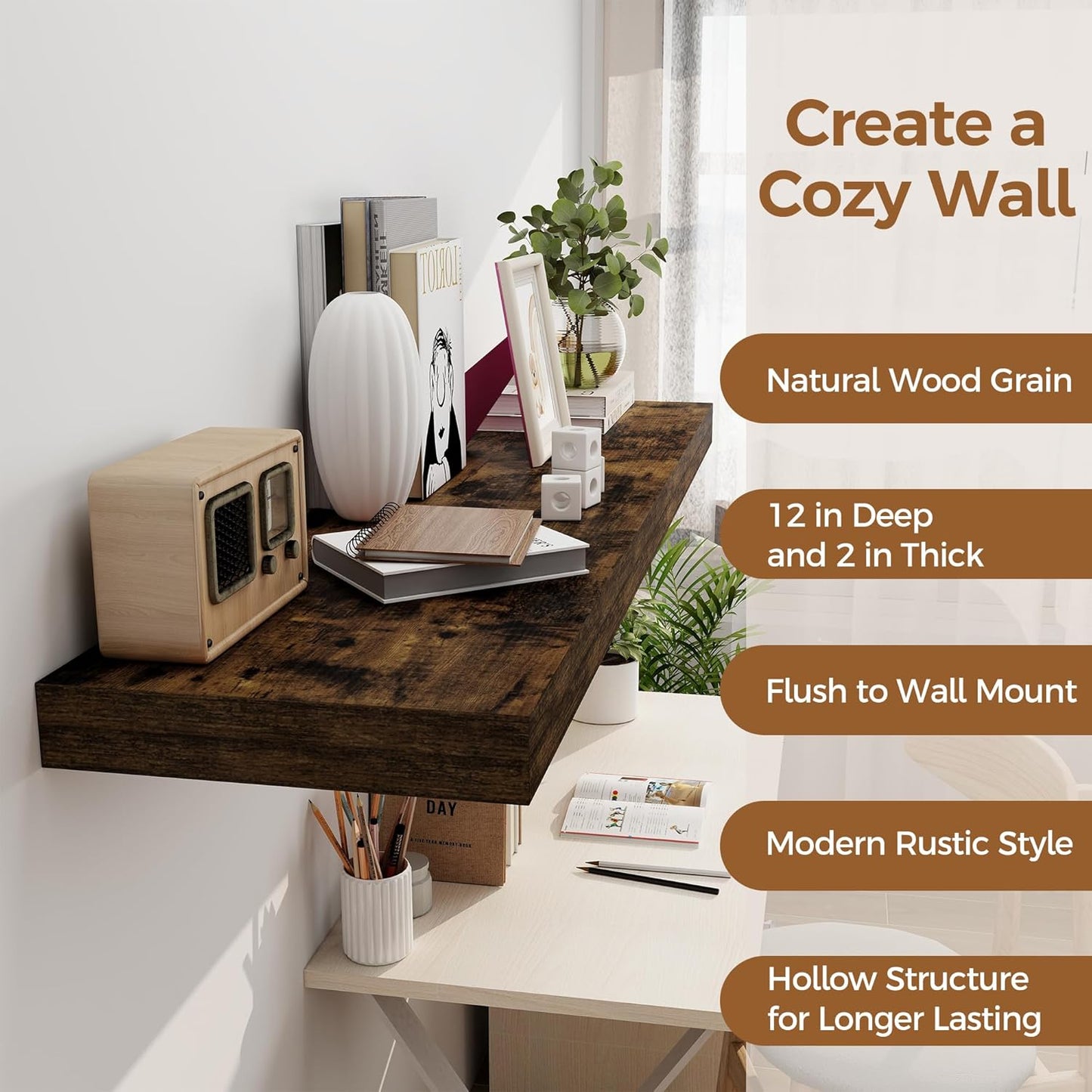 Floating Shelves 48 Inch Long, 12 Inch Deep Floating Shelves for Wall, 48 x 12 Large Wall Shelves for Home Storage & Display, 2" Thicked Floating Shelf for Bedroom, Living Room, Rustic Brown, 1 Pack