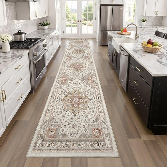 Vintage Hallway Runner Rug 2x10: Large Soft Washable Entryway for Kitchen Laundry Room Non-Slip Backing Runner for Entrance Living Room Bedroom Bathroom - Orange
