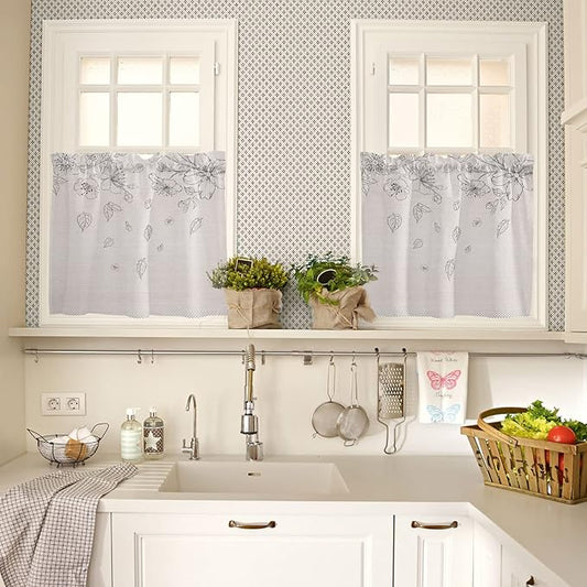 Kitchen Tier Curtains 24 inches Long, Flowers Leaves and Polka Dot Texture on Cotton Linen Window Curtains for Living Room Bath,Rod Pocket Light Filter Drapes Half Window Treatment Tiers 2 Panels