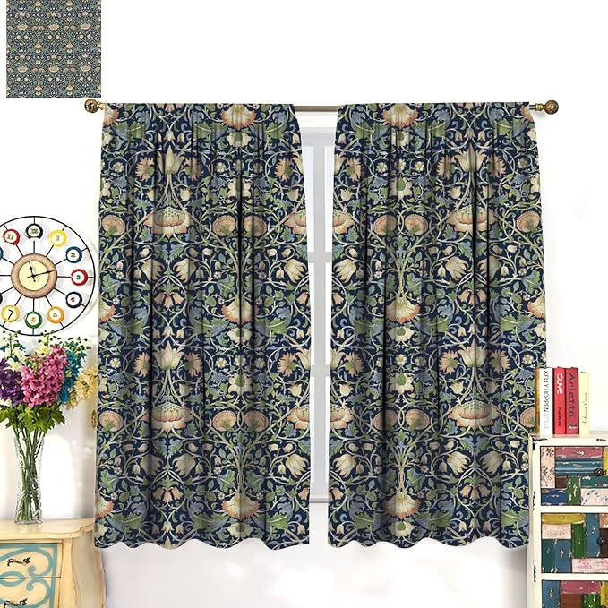 William Morris Blackout Window Curtains, Retro Botanical Vintage Floral Leaves Pattern Print Window Drapes, for Living Room Bedroom 31.5(W)*72(L) 2 Panels