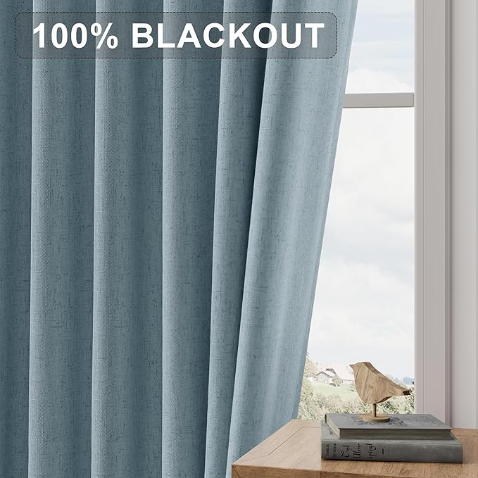 Joywell 100% Blackout Linen Curtains 96 Inches Long for Boys Bedroom Black Out Curtain Room Darkening Drapes for Sliding Glass Door Window Rod Pocket Back Tab 2 Panels Set,52 x 96,Blue