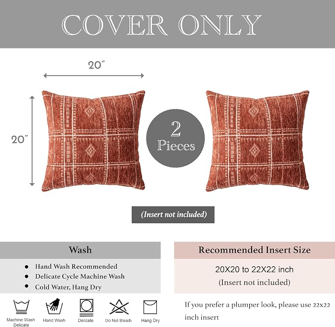 BlissBlush Decorative Throw Pillow Covers 20x20 Set of 2, Boho Textured Chenille Accent Throw Pillow Covers for Couch Sofa Bed Living Room Home Décor, Terracotta Rust Red (Cover Only)