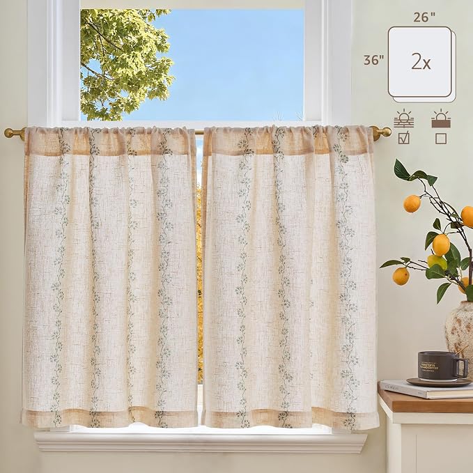 jinchan Katy Linen Floral Kitchen Curtains 36 Inches Length Stripe Cafe Curtains Farmhouse Cottagecore Tier Small Window Drapes for Living Room Light Filtering Rod Pocket 2 Panels Sage Green on Linen