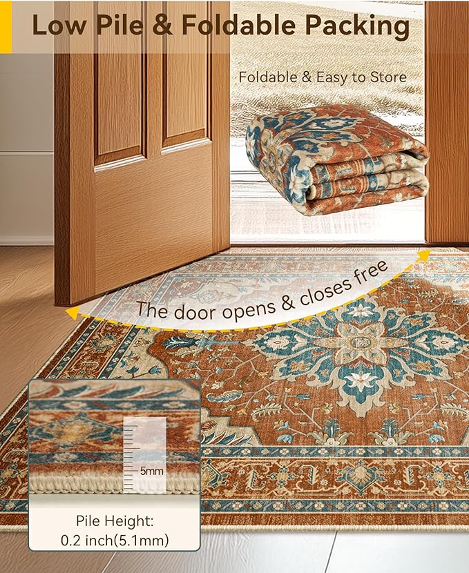 RELEANY Area Rugs Square 10ft Washable Non-Slip, Floral Vintage Distress Medallion Carpet for Living Room Bedroom Dining Room, Red Orange Blue Brown
