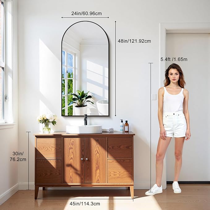CIRCUMI Arched Wall Mirror, 24"x48" Black Arched Mirror with Tempered Glass, Metal Frame, Large Size for Bathroom, Living Room,Entryway,Over Sink, Arch Mirror for Decor,Shatterproof&Crystal-Clear