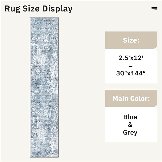 Soalmost Runner Rug 2'6" x 12' Washable Non-Slip 2.5x12 ft Long Runner Rugs for Kitchen Bathroom Laundry Room Vintage Ultra Thin Runners for Hallway Entryway Blue/Grey