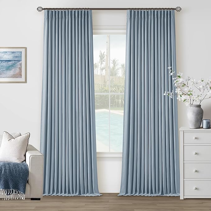 Light Blue Pleated Linen Blackout Curtains 90 Inches Long for Bedroom Living Room Pinch Pleat Black Out Thermal Insulated Ring Hooks Back Tab Room Darkening Drapes Dusty Blue Grey Curtains with Liner
