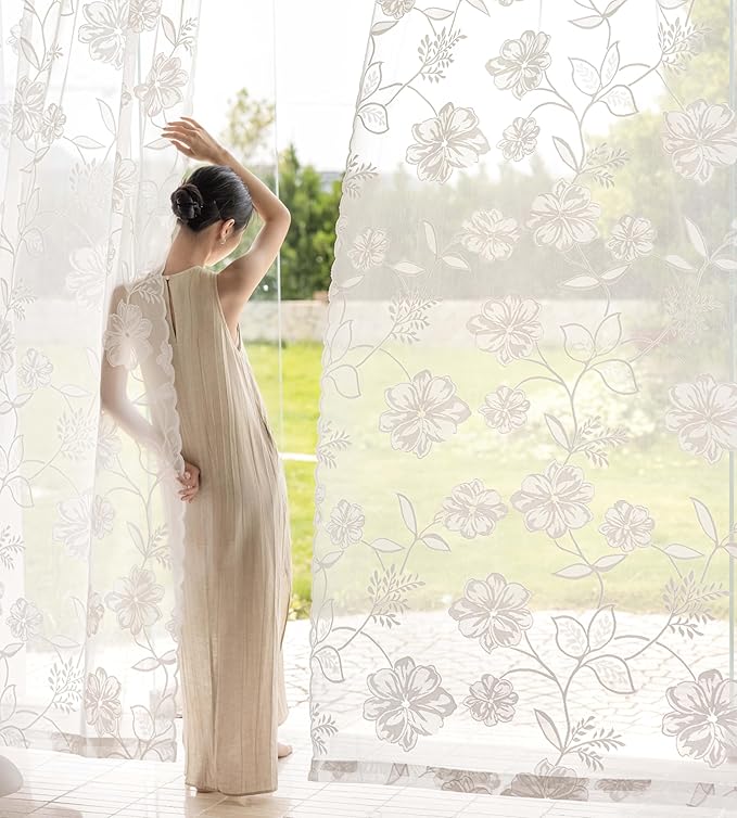 White Lace Sheer Curtains 63inch Rose Knitted Net Curtains with Vintage Floral Embroidered for Living Room Bedroom Window Privacy Country Chic Retro Leaf Semi Sheer Drapes Rod Pocket 54"W 2Panels