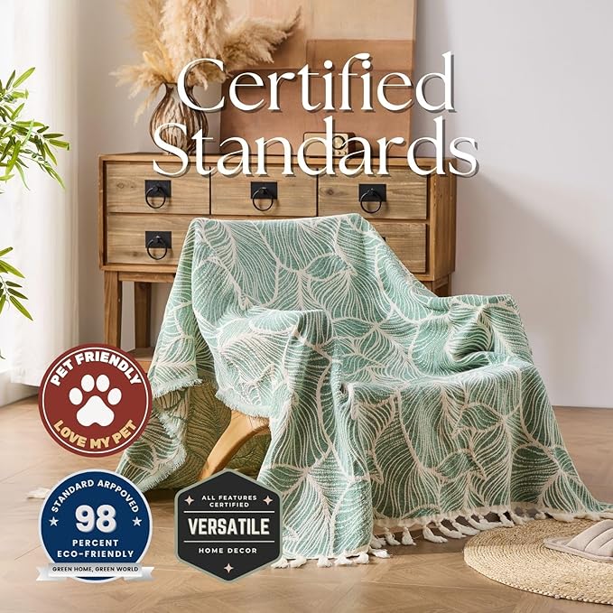 DOWN HOME Chenille Cotton Throw Blanket for Couch, Lightweight Boho Blanket for Bed Sofa Chair Living Room Outdoor Soft Woven Decorative Blanket with Tassel Gift Green Leaves 60"x80"