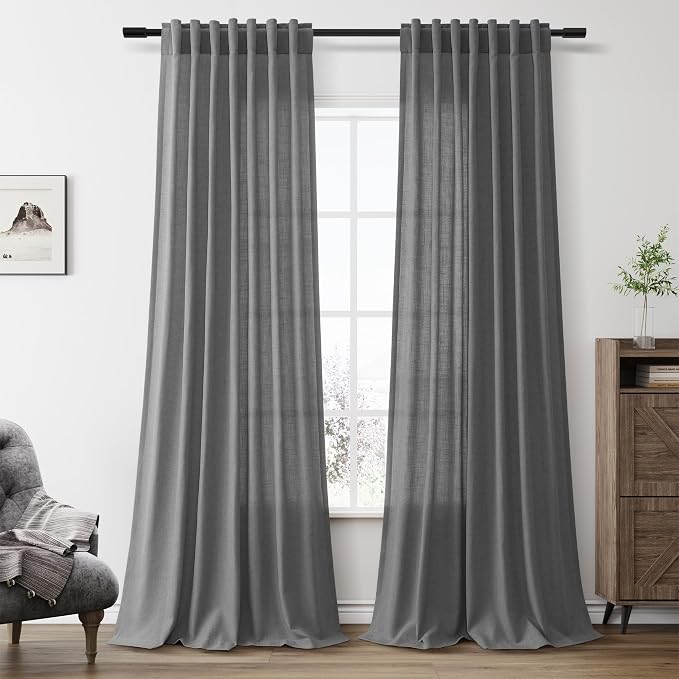 Aersas 102 Inch Blazer Grey Linen Curtains for Living Room Bedroom Semi Sheer Privacy Flax Textured Drapes Light Filtering Dinner Room Sliding Glass Door Curtain Farmhouse Rustic 52x102 Dark Grey