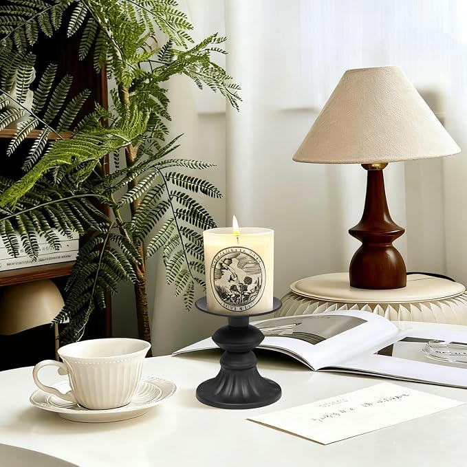 Matte Black Pillar Candle Holders Set of 3, Metal Vintage Antique Candle Stand for Pillar & LED Flameless Candles, Decorative for Table Centerpiece, Fireplace, Dining & Living Room Decoration
