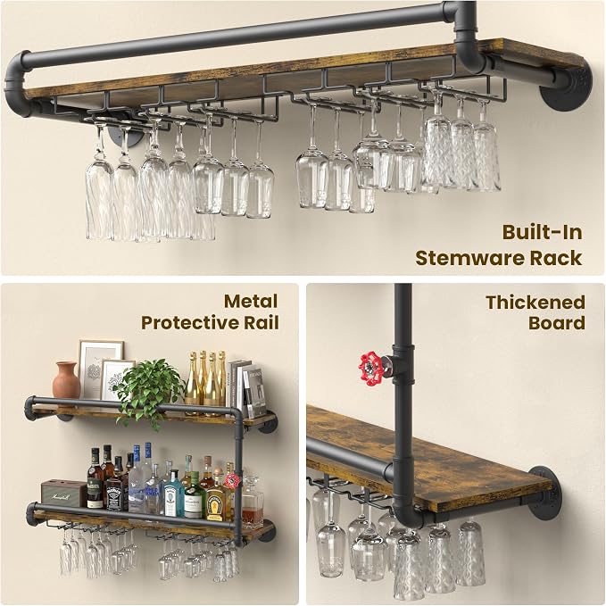 Merapi Rustic Wall Mounted Wine Rack with Stemware Holder, 2 Tier Floating Bar Shelf for Home Bar, Coffee Station, Kitchen Storage, Dining Room Wall Decor, Farmhouse Organization & Coffee Bar Decor